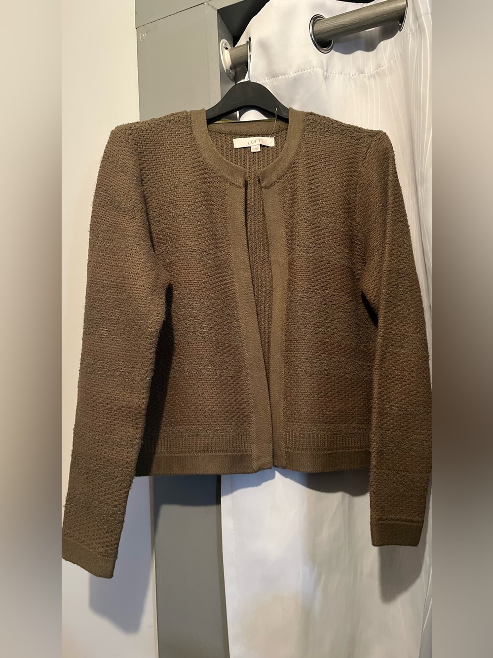 Loft Sweater Olive Green Cardigan Basketweave Open Knit Minimalist Chic